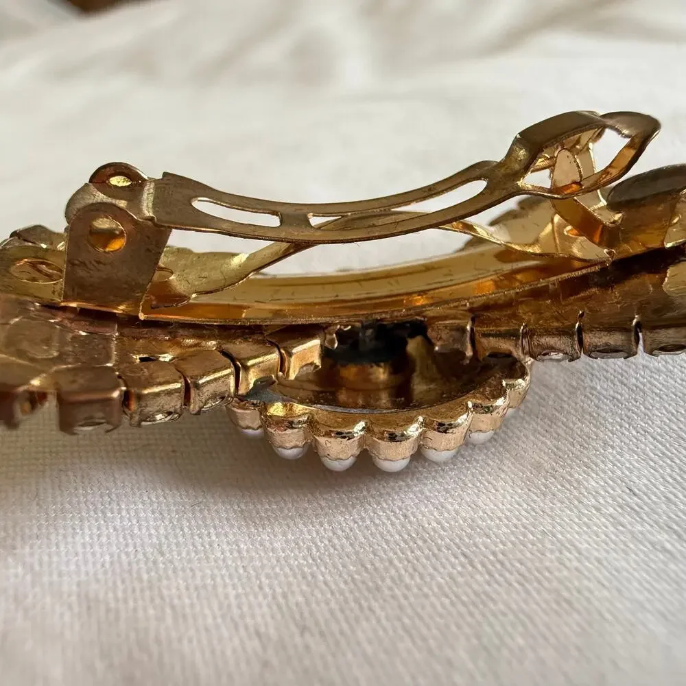 Repurposed Chanel Button Crystal Bow Barrette Faux Pearls & Rhinestones in Gold